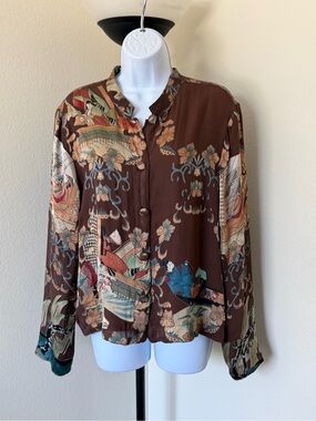 Y2K Citron Brown Floral Scenic Button-Down silk Shirt